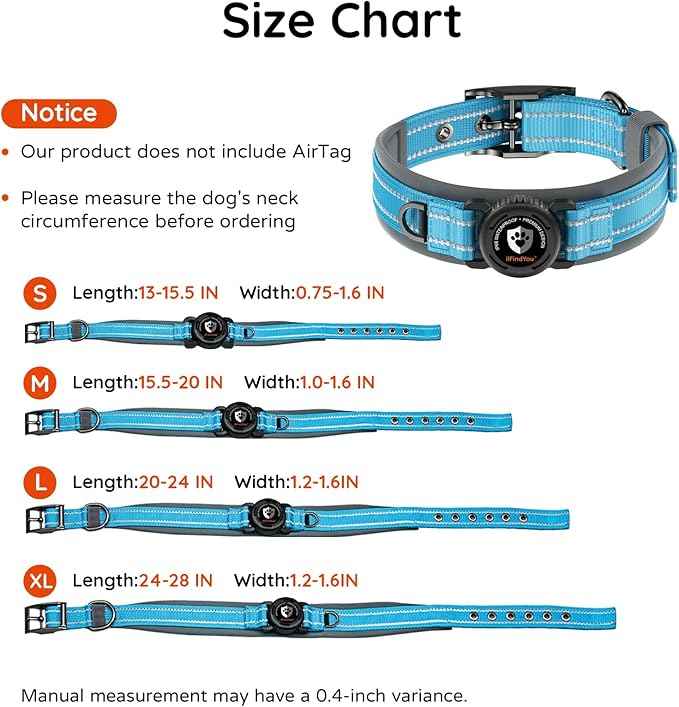 Upgraded AirTag Dog Collar with Holder, Waterproof Reflective Air Tag Dog Collar with Widened Comfortable Padding & Ultra-Durable Metal Buckle, Adjustable for Extra Large Dogs (XL, Blue)