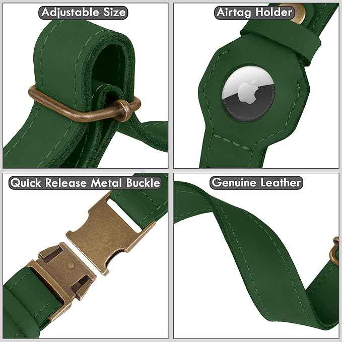 AirTag Dog Collar - Genuine Leather Dog Collar with Apple AirTag Holder and Metal Buckle - Smart GPS Tracking Pet Collars (Dark Green, S, 12"-15" Neck Fit)
