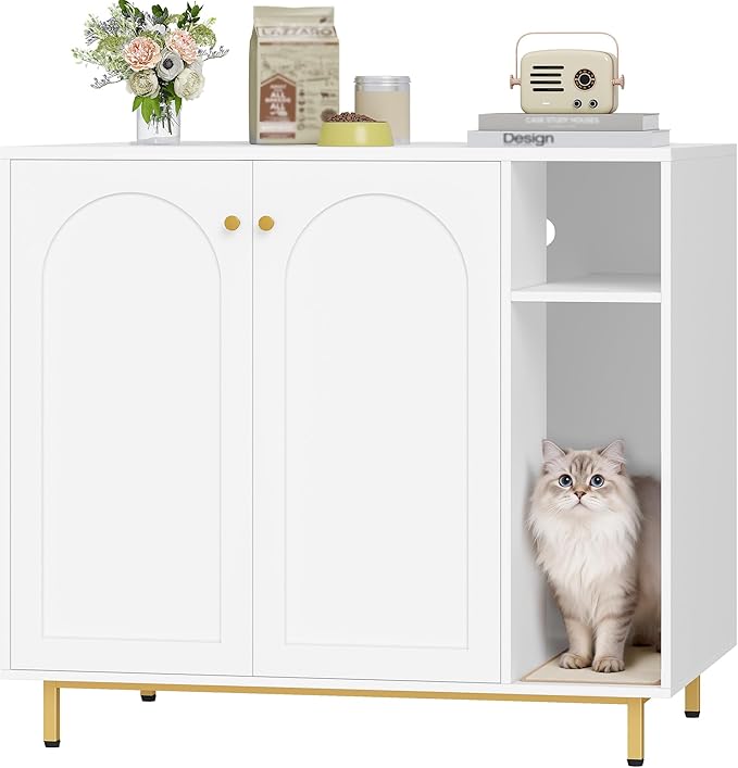 Extra Large Cat Litter Box Enclosure, Automatic Litter Box Furniture with Scratch Pad, Wooden Modern Self-Cleaning Cat Cabinet with Storage, Cats House, End Table, White and Gold CB87103G