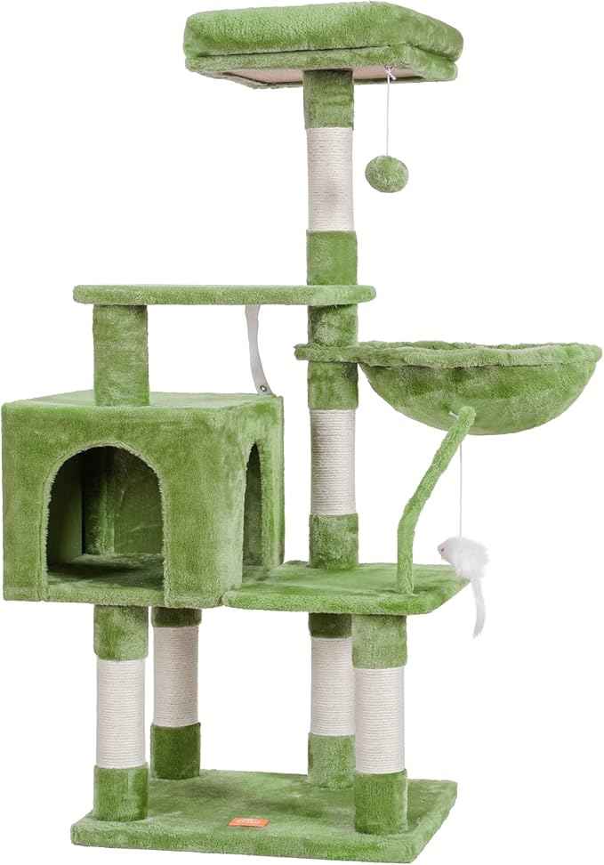 Heybly Cat Tree with Toy, Cat Tower Condo for Indoor Cats, Cat House with Padded Plush Perch, Cozy Hammock and Sisal Scratching Posts, Green HCT004GR