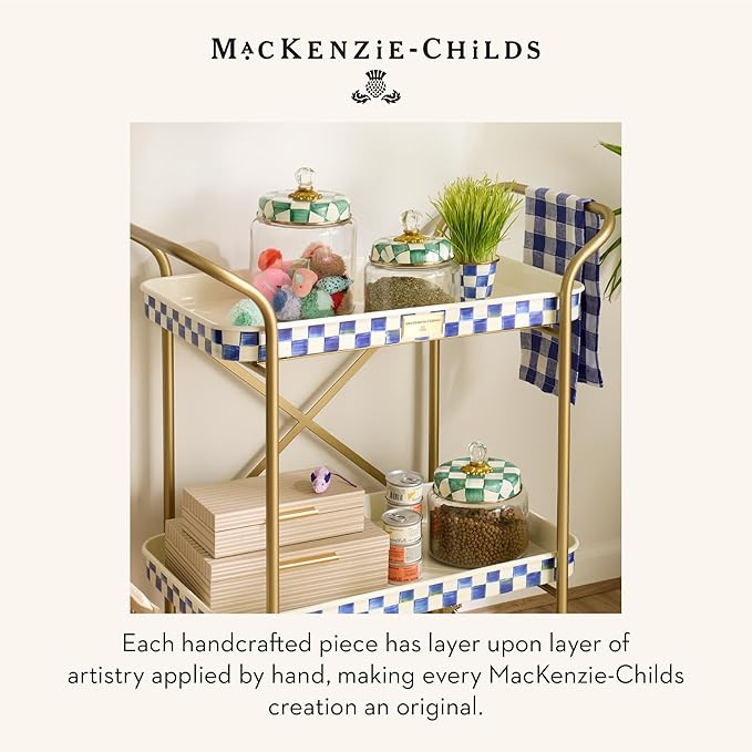 MACKENZIE-CHILDS Enamel Cat Dish, Cute Cat Bowl for Food and Water, Green-and-White Emerald Check