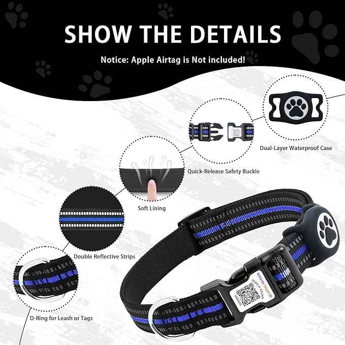 Airtag Dog Collar with QR Code Tag - Reflective Adjustable Nylon Collar, Quick Release Buckle for Small Medium Large Dogs, Comfortable Padded Lining (Blue, S)
