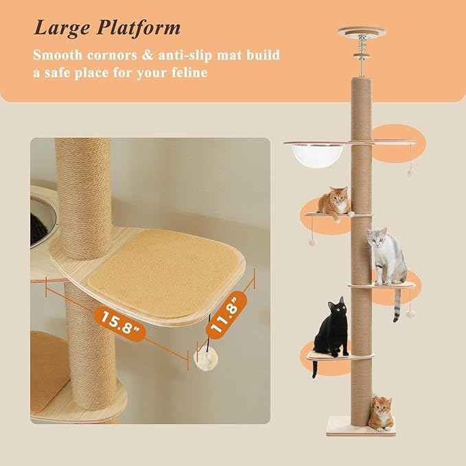 PETEPELA Floor to Ceiling Cat Tree, Adjustable Height(79-103'') Solid Wooden Tall Cat Tower for Indoor Cats with Sisal Scratching Post, Acrylic Bowl and Play Pompom, Wooden Beige