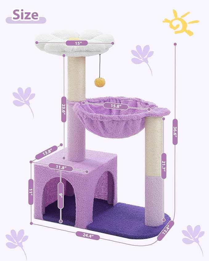 Purple Flower Cat Tree for Small Indoor Cats w/Large Metal Frame Hammock, 35" Cute Cat Tower with Sisal Scratching Posts, Cozy Condo with Cloud White Bed for Kittens