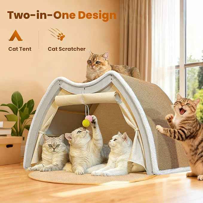 Cat Houses for Indoor Cats - 4 Seasons Cat Bed Cave with Natural Sisal Cat Scratcher Mat, Solid Wood Frame Cat House with Curtains and Cat Floor Scratching Pad Rug, Protect Couch and Carpets, M