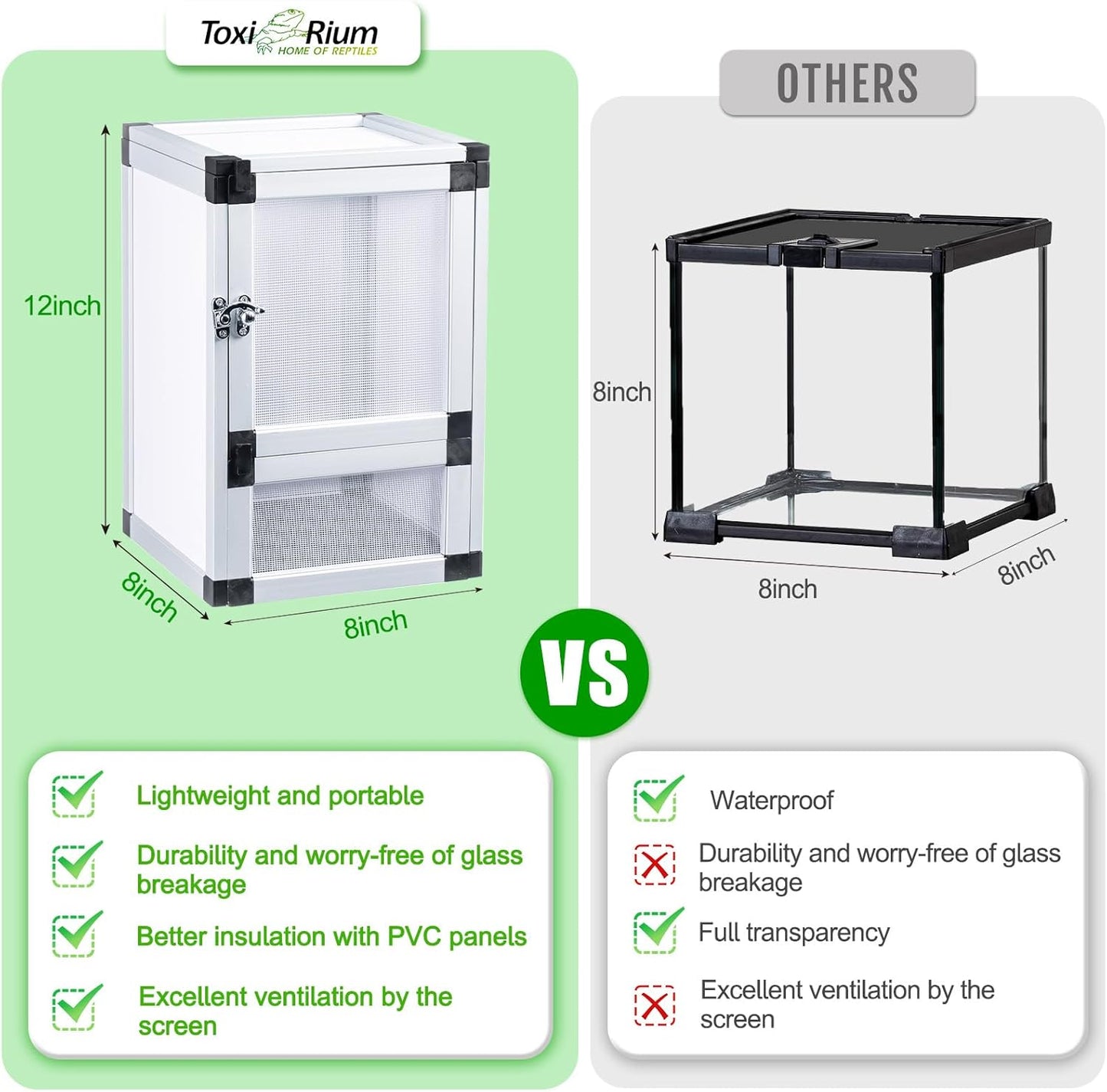 8" x 8" x 12" Bright White Reptile Cage, Rainforest Habitat with Screen Door, Ventilated Terrarium for Lizards, Frogs, Snakes, Easy Assembly - FurryFun