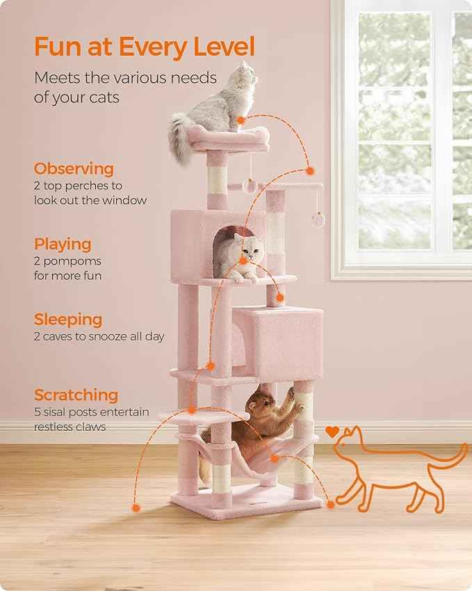 Feandrea Cat Tree, 59.5-Inch Tall Cat Tower, Plush Multi-Level Condo with 5 Scratching Posts, 2 Perches, 2 Caves, Hammock, 2 Pompoms, Jelly Pink UPCT192P01