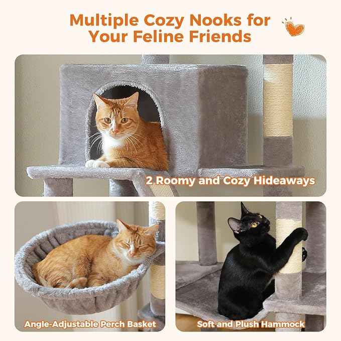 70.8" Tall Cat Tree for Indoor Cats Large Adult, Multi-Level Climbing Tower with Perches, Condo, Hammock, and Sisal Scratching Posts, Easy to Assemble, Light Gray