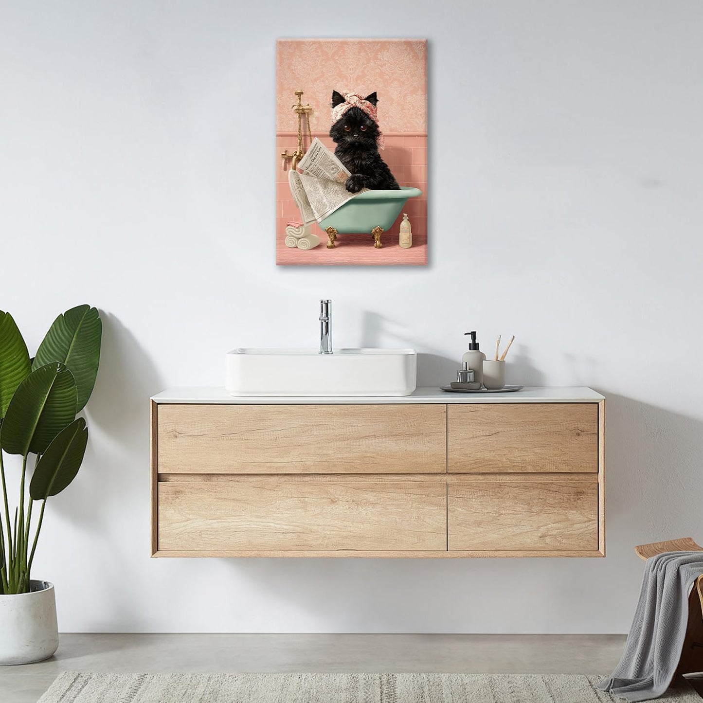 Cat Bathroom Wall Decor Black Cat Reading Newspaper in Bathtub Canvas Wall Art Funny Bathroom Pictures Kitten Painting Print Pink Artwork Framed Decorations Gifts 16"x24"