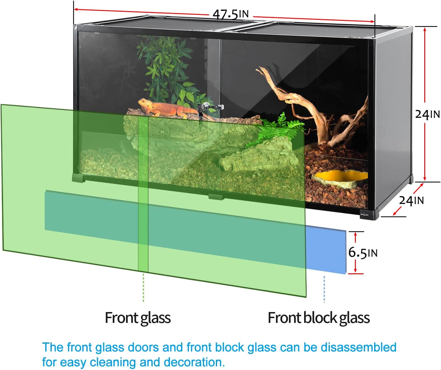 REPTIZOO Large 120 Gallon Reptile Terrarium, Reptile Tank 48" x 24" x 24" Black-Tinted Eco-Terrarium - FurryFun