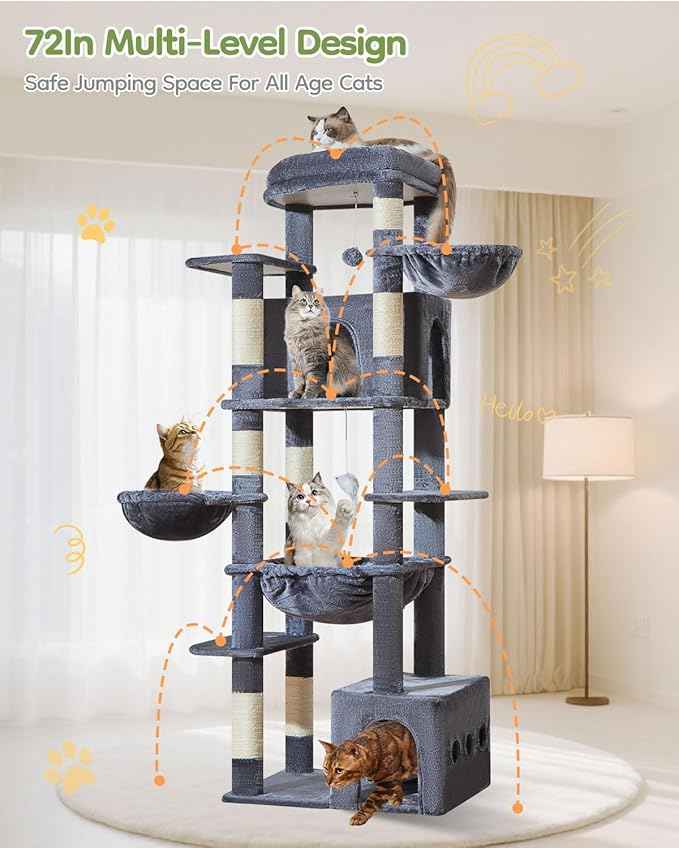 Taoqimiao 72 Inch Cat Tree, XXL Cat Tower for Indoor Cats Large Adult 25Lbs+, Extra-Large Platform, 2 Cat Houses, 7 Scratching Post, Extra-Sized Durable Hammock, Cozy Basket, Smoky Gray, F20G
