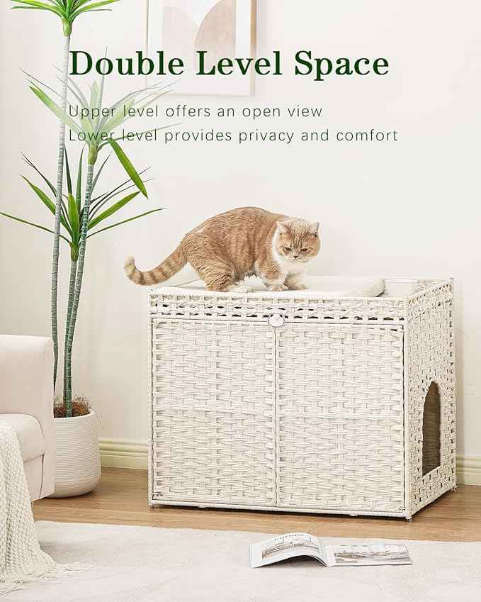 Cat Litter Box Enclosure Furniture, Handwoven Rattan Hidden Litter Box with Mat, Large Space Cat House with 2 S-Shaped Hooks 30.3 x 18.3 x 24.4 Inches, Indoor for Living Room Apartment White