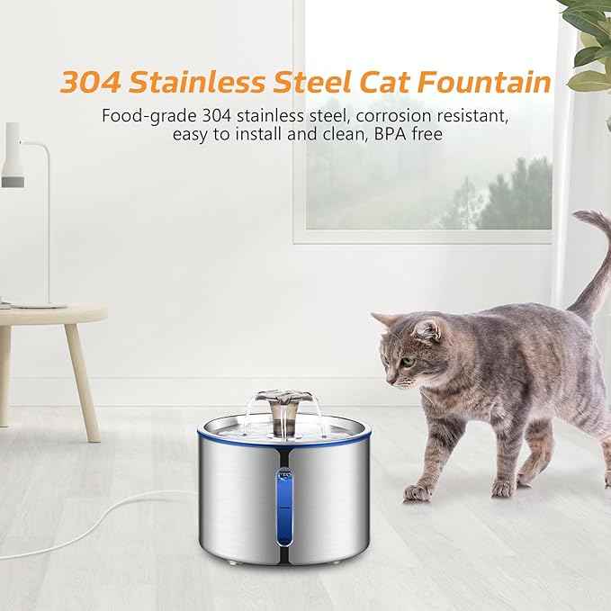 Cat Water Fountain, 84oz/2.5L Stainless Steel Pet Water Fountain for Cats, Dogs and Multiple Pets, Automatic Dog Water Dispenser with Water Level Window, Ultra-Quiet Pump