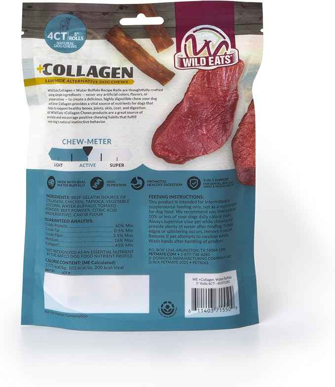 Wild Eats Water Buffalo Flavor Collagen Retriever Style Cheek Rolls 5" Dog Chews-4 Pack (Long Lasting Dog Chews Treats & Bones for Medium Dogs) Substitute for Pig Ears for Dogs