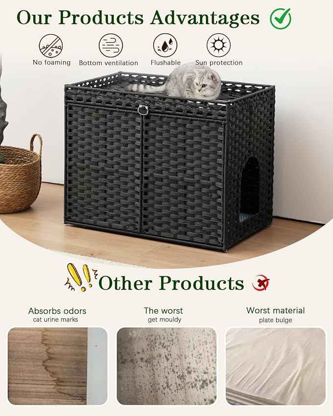 Cat Litter Box Enclosure Furniture, Hidden Litter Box, Cat Litter Box Cabinet with 2 Litter Mats, Handwoven Rattan Large Space Cat House, Indoor for Living Room, Bedroom, Apartment Black