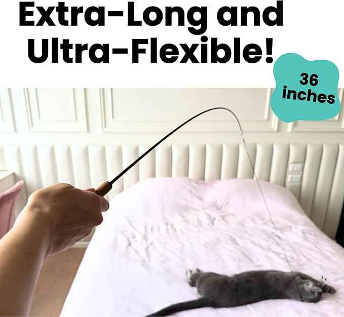 Forever Stick and 9 Cat Feather Toy Refills - The Unbreakable Cat Wand Toy, Durable Cat Toy Wand, Extra Long Cat String Toy, Cat Fishing Pole Toy for Bored Indoor Adult Cats, Cat Stick Toy
