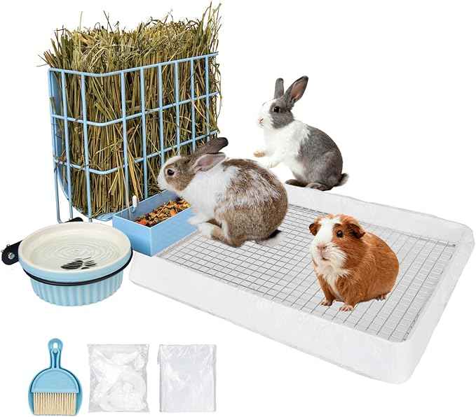 3 in 1 Rabbit Hay Feeder with Litter Box,Upgraded Metal Hay Rack & Litter Tray & Water Bowl,Quick Cleaning,Easy to Install,Bunny Supplies for Rabbit Guinea Pig Chinchilla Small Animals