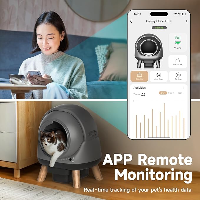 Self Cleaning Litter Box for Multiple Cats, G1 Automatic Litter Box with Smart APP Control & Health Monitoring, Includes 2 Roll Trash Bags and Litter Mat (Grey)
