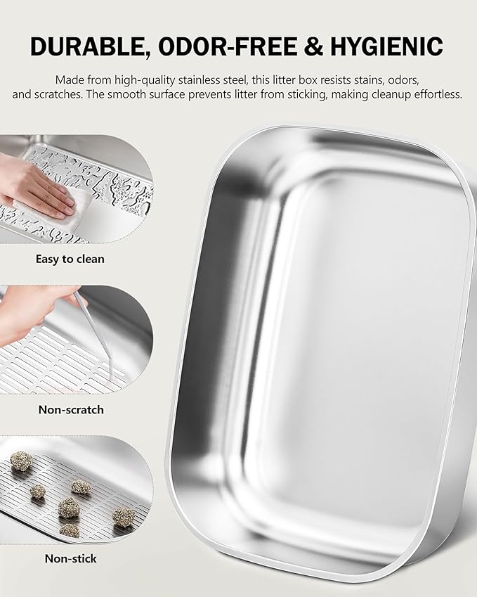 Stainless Steel Sifting Litter Box with Lid, Metal Litter Pan with Scoop for Big Cats Multi Cat, Extra Large Cats Litterbox Odor Control Easy Clean (23 * 15.7 * 16.7inch-Full Enclosed, X-Large)