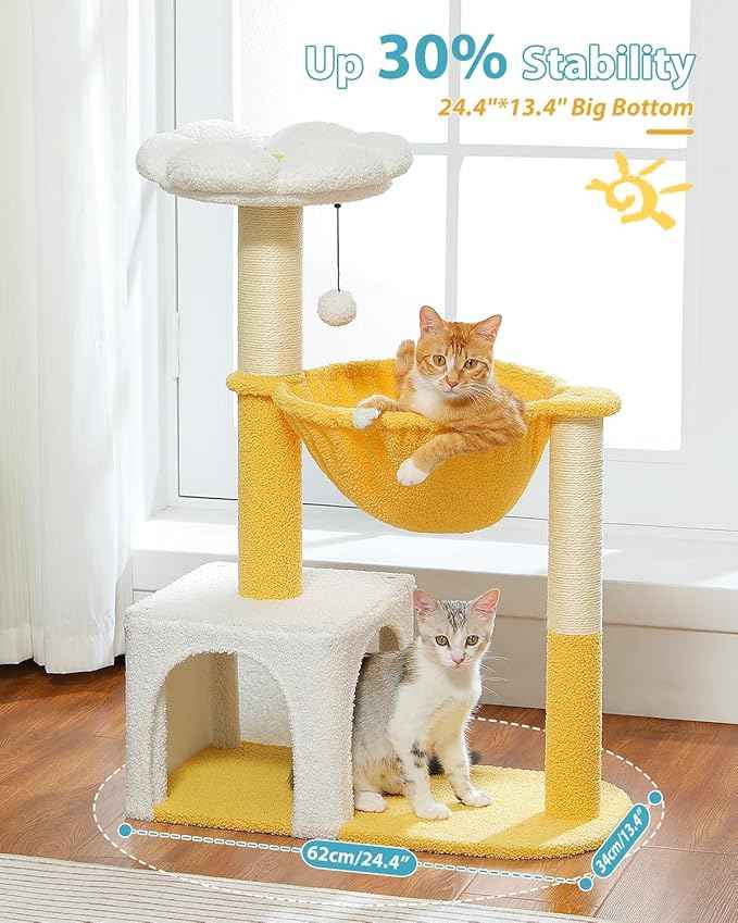 Cute Cat Tree with Flower Top Bed - Cloud Scratching Posts, 35" Small Cat Tower with Large Metal Frame Hammock for Indoor Cats, White Cat Condo for Kittens, Yellow