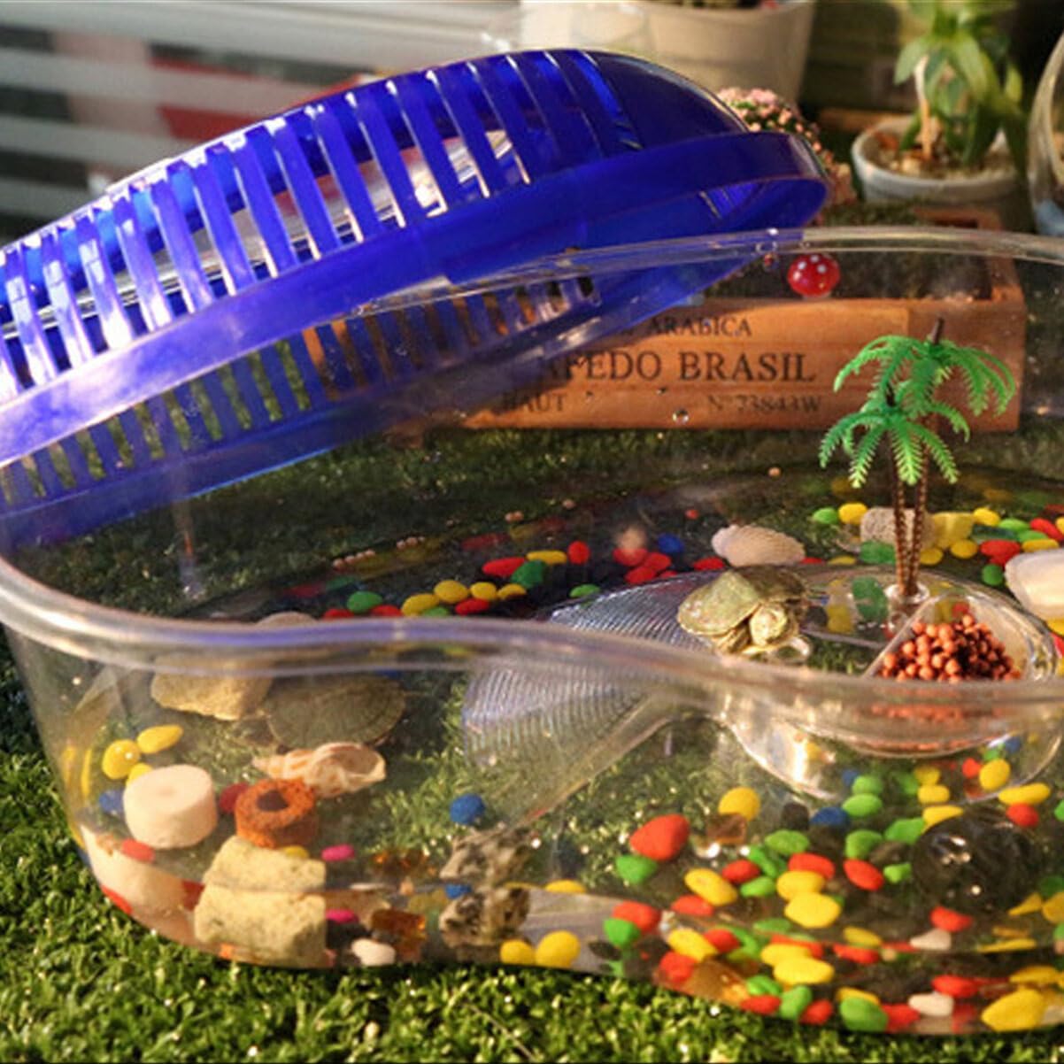 POPETPOP Turtle Tank with Lid : Plastic Tortoise Habitat with Basking Platform Transparent Reptile Tank for Turtle, 12.99x9.06x5.31 inch - FurryFun