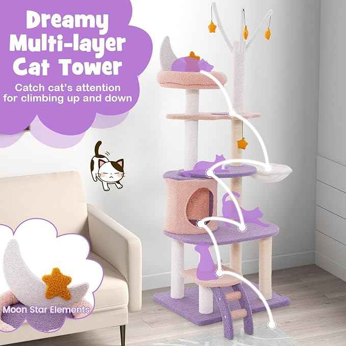 PETSITE Star and Moon-Themed Cat Tree Tower, Multi-Level Modern Cat Tower with Sisal Scratching Posts, Cat Condo, Side Hammock, Hanging Dangling Toys, Cute Cat Tree for Indoor Cats (62 Inch Tall)