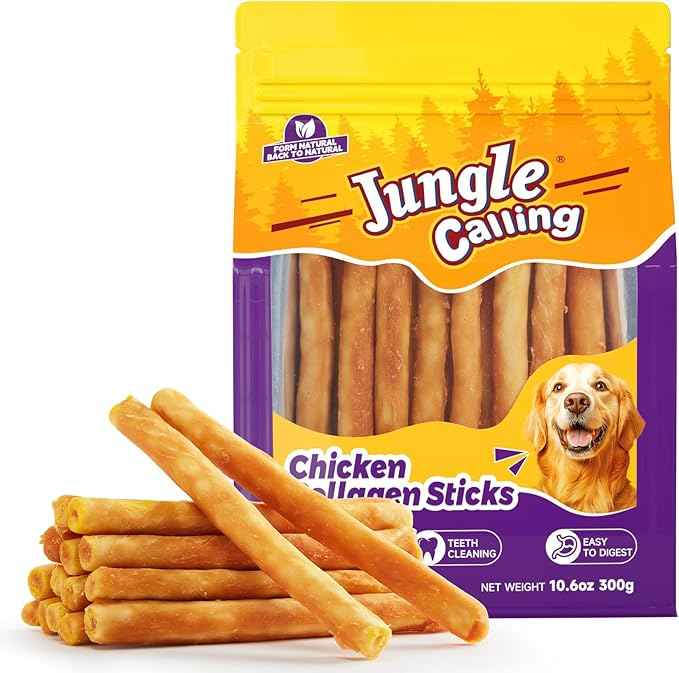Jungle Calling Collagen Sticks for Dogs, Chicken Flavored Chews, Long Lasting Rawhide Alternative Treats for Small Medium Dog, Healthy Chew Bones, 5 Inch, About 37 Sticks Per Bag