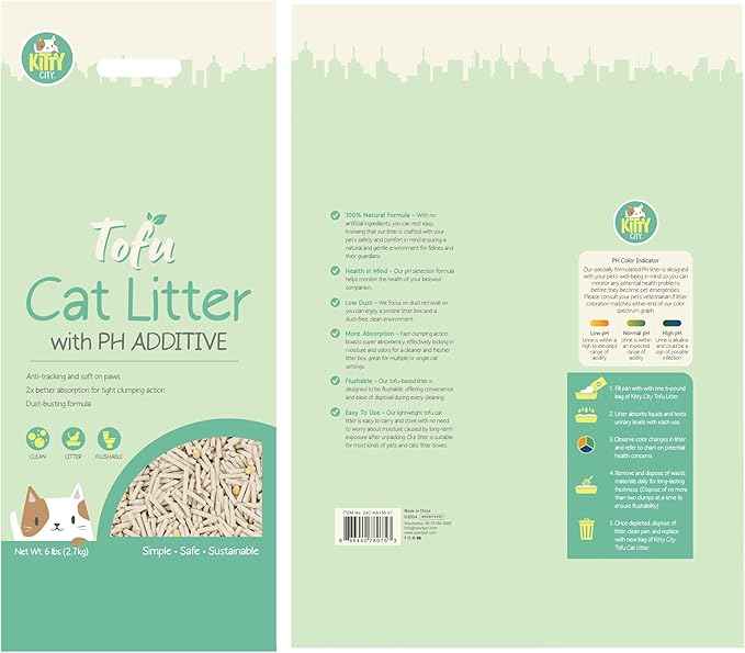 Kitty City pH Detecting Tofu Cat Litter, 100% Natural Plant-Based Formula, Fast Clumping, Low Dust, Flushable & Super Absorbent, 6 lb