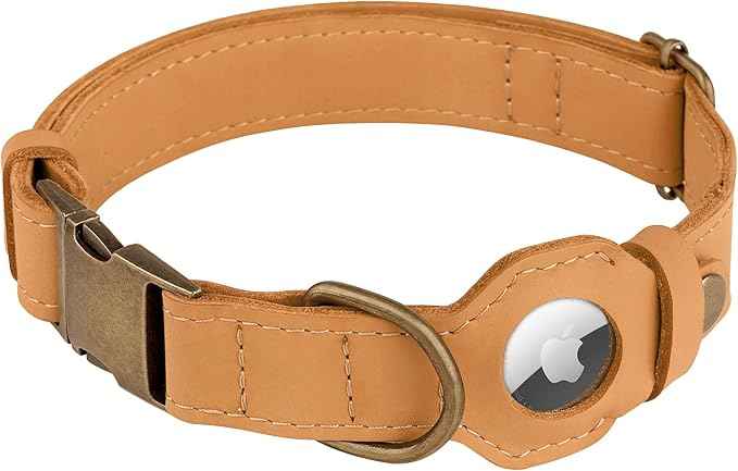 AirTag Dog Collar - Genuine Leather Dog Collar with Apple AirTag Holder and Metal Buckle - Smart GPS Tracking Pet Collars (Light Brown, M, 14"-18" Neck Fit)