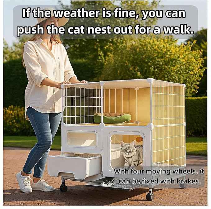 cat cage Indoor with Litter Box, Complimentary Bed, Bowl,Cleaning Three Piece Set,Large cat Enclosure, Cat House with Wheels Outdoor,Small Animal Cage cat Kennel (White, 41.8″(L) x18.1″(W) x46.1″(H))