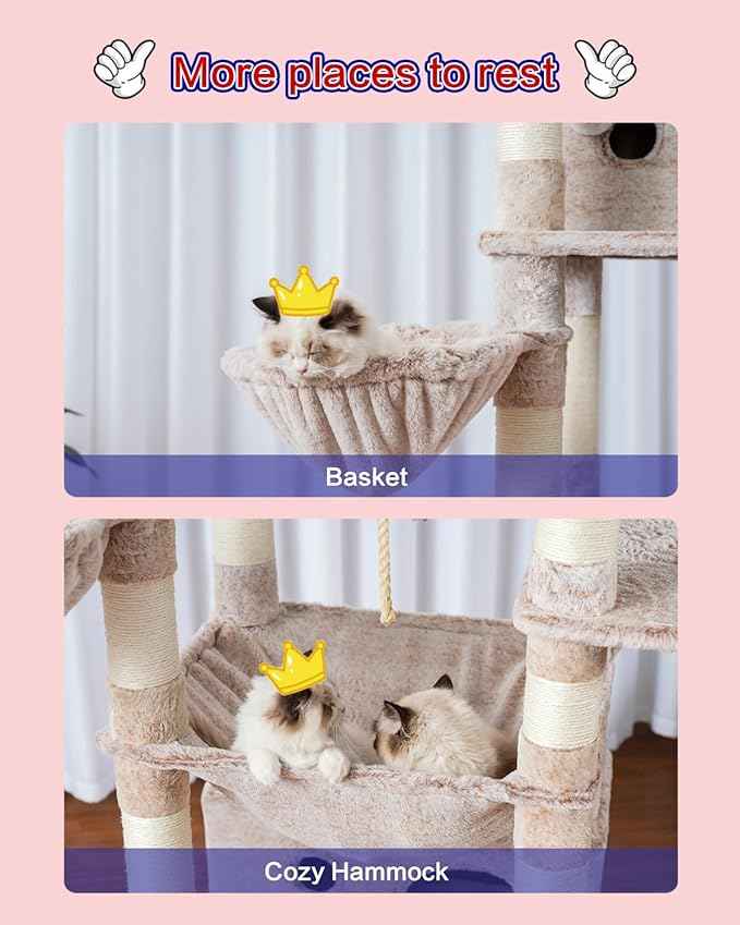 Cat Tree for Indoor Cats Large Adult, 74" Cat Tower with 3 Big Platforms, 2 Baskets, 2 Condos, Multi-Level Cat Scratching Posts, Muchroom GCT030MU