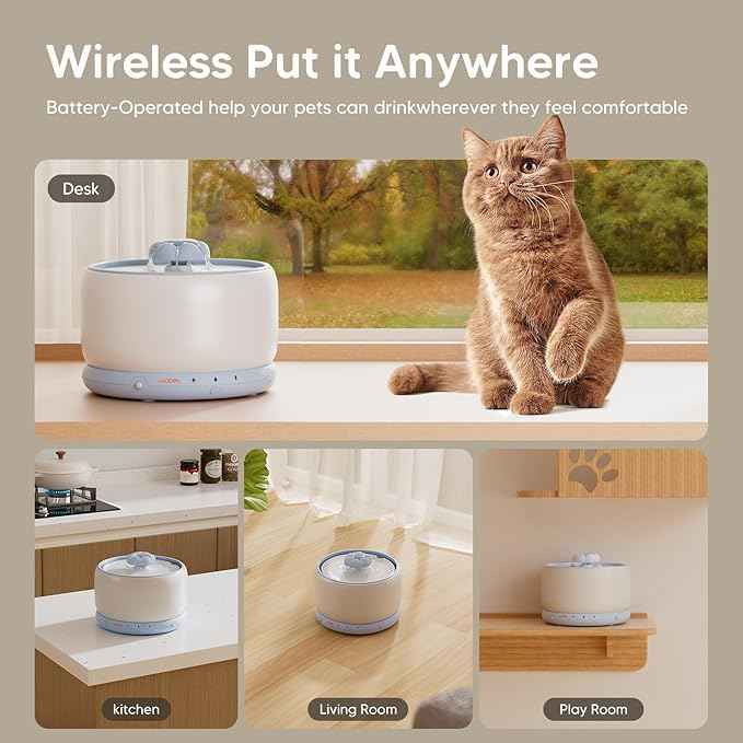 WOPET Wireless Cat Water Fountain, Cordless Ceramic Pet Water Fountain with 5000mAh Rechargeable Battery, 3L/101oz Premium Cat Water Dispenser for Cats & Small Dogs,Ultra Quiet & Triple Filtration
