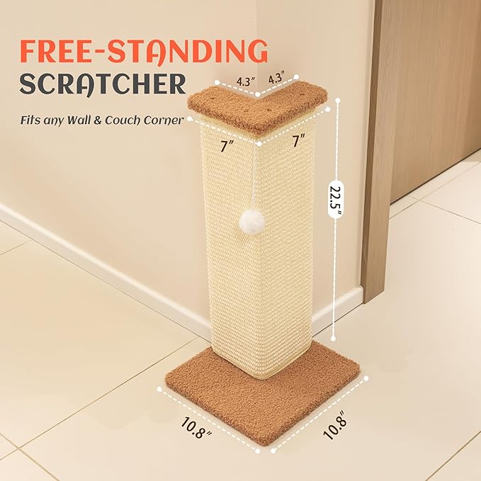 PETKARAY Couch Corner Cat Scratcher, 22.5" Sisal Scratching Post for Indoor Cats, Corner Wall Scratch Pad for Furniture Protection, Plush Base, Medium