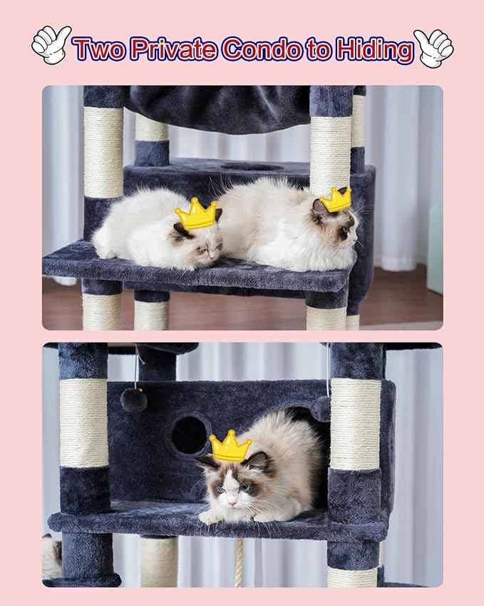 Cat Tree for Indoor Cats Large Adult, 74" Cat Tower with 3 Big Platforms, 2 Baskets, 2 Condos, Multi-Level Cat Scratching Posts, Smoky Gray GCT030G