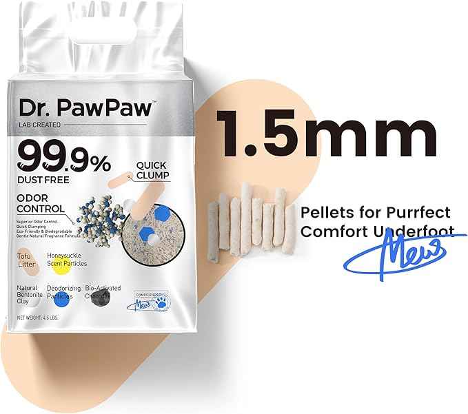 Tofu Cat Litter, Dr. PawPaw Clumping Cat Litter, Honeysuckle Scent 4.5 lb, Dust-Free Keep Kitty Tidy, Superior Odor Control Keep Step Fresh