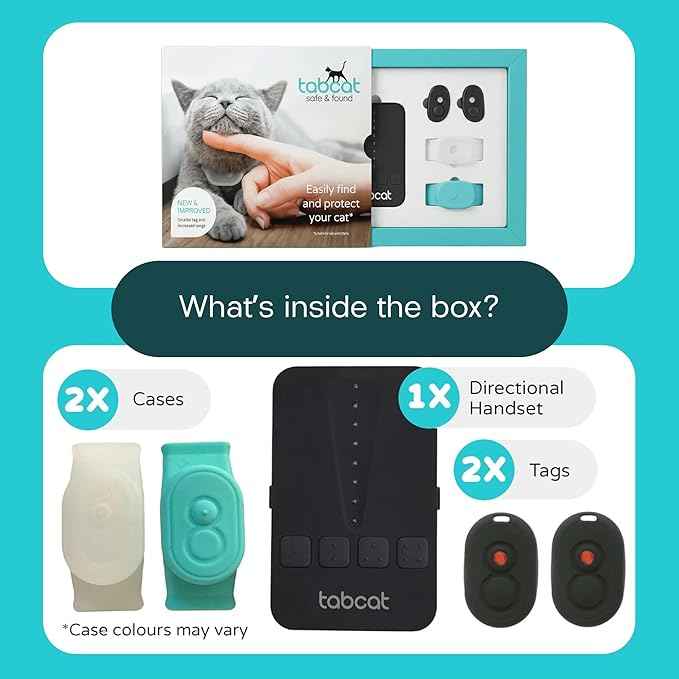 Tabcat V2 Cat & Kitten Tracker - No Monthly Subscription Fee | 4 Lightweight Homing Tags, Cases & Tracking Handset | More Accurate Than GPS | Track 4 Cats Indoors & Outdoors to 1" & 500 ft Range