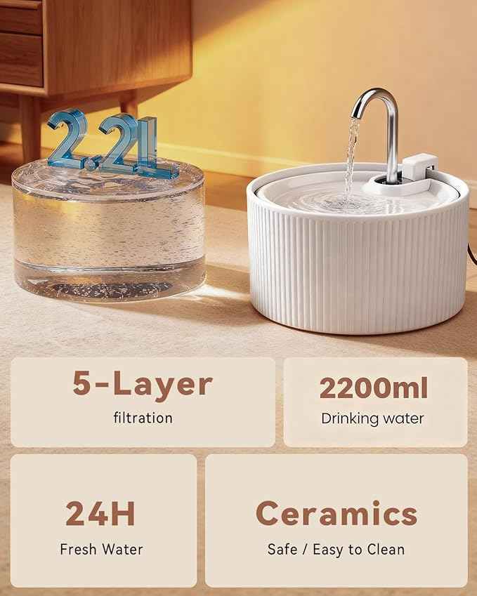 Ceramic Cat Water Fountain, 2.2L/74oz Cat Fountains for Drinking Indoor, Pet Water Fountain with Ultra-Quiet Pump
