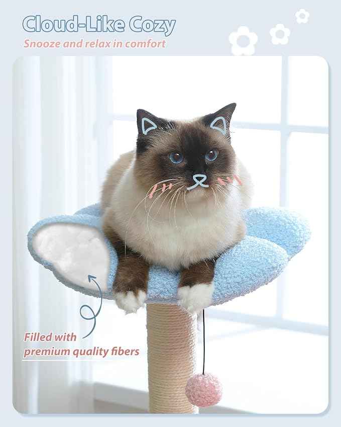 Flower Cat Tree with Large Metal Frame Hammock, 35" Pink Cat Tower with Sisal Scratching Posts for Small Indoor Cats, Cat Condo with Blue Top Perch for Kittens, Fluffy Ball, Pink
