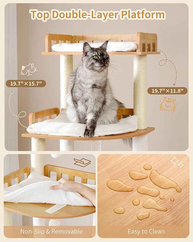 Heybly Cat Tree, 70.5 Inch Wood Tall Cat Tower for Large Indoor Cats with Extra Stable Structure, Modern Cat Furniture with All-Sisal Scratching Posts, Cat Condo & Hammocks, Walnut HCT121WB