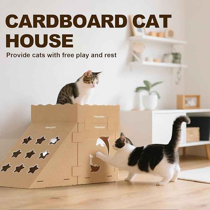 DIY Cardboard Cat House with Scratching Pad, Cat Tower Indoor Play House, Versatile Cardboard Cat Tunnel Box for One or More Pets, Indoor Use Rabbit Hideout Cave Castle Brown, 3 Parts