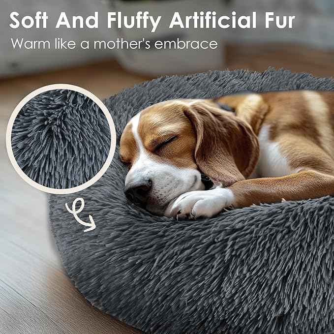 Dogs Bed for Small Dogs, Anti-Anxiety Washable Round Bed (Dark Grey, 24.0" L x 24.0" W x 8.0" Th)