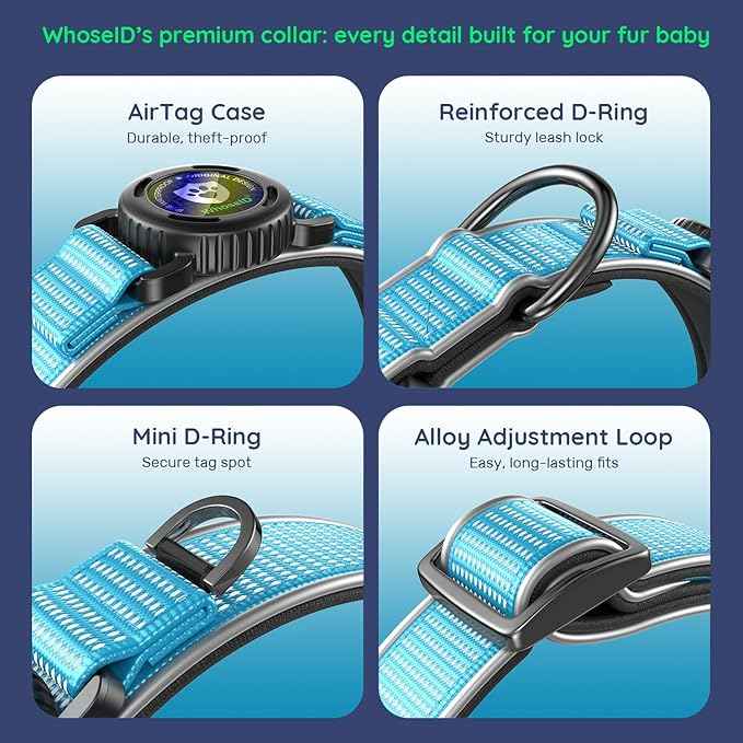 WhoseID Premium AirTag Dog Collar - Air Tag Small Dog Collar | Fur-Safe Magnetic Buckle | IPX8 Waterproof Reflective Dog Collar with AirTag Holder