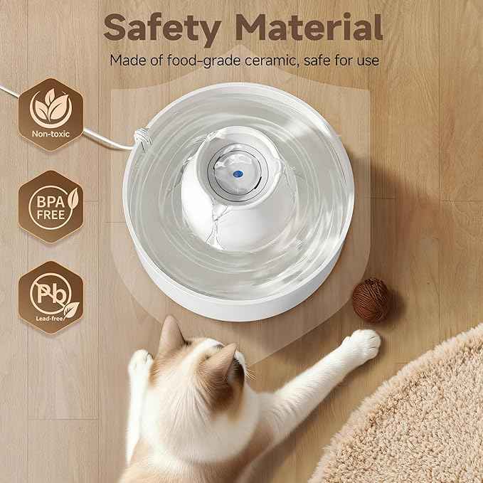 Ceramic Cat Water Fountain, 3L/101 fl oz Ultra-Quiet Pet Water Fountain, Automatic Water Dispenser for Cats & Small Dogs, No Spill Cat Water Bowl, BPA-Free, 2 Filters Included, Easy to Clean