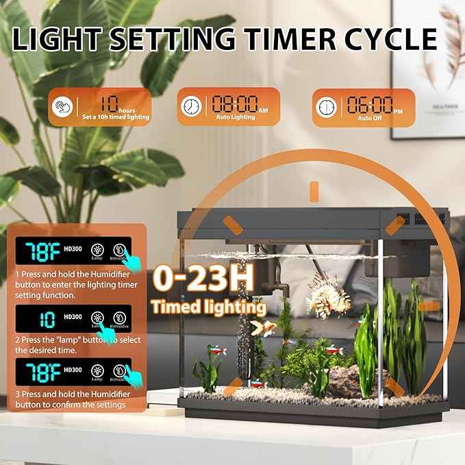 Fish Tank 2.4 Gallon Aquarium with Heater, 3-in-1 Silent Pump with Filteration & Oxygenation & Circulation, 7-Color Timer Cycle Light, Temperature Display, Humidifier, HD Glass Fish Bowl