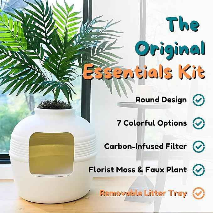 Good Pet Stuff Hidden Litter Box Planter, Decorative Cat Litter Enclosure with Carbon Filter, Artificial Plant, Easy Clean, Indoor Design, Original Round Style, Essentials Kit, White Birch