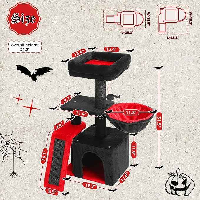 PETEPELA Gothic Cat Tree Tower for Indoor Cats, 31.5'' Small Cat Tower Condo with Sisal Scratching Ramp, Cozy Hammock and Removable Flower Cat Bed Perch for Kittens, Black
