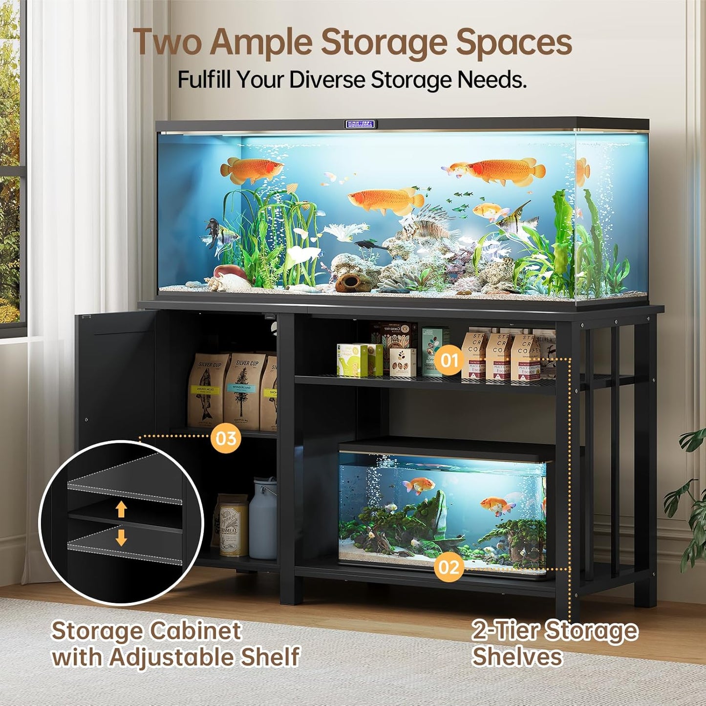 55-75 Gallon Fish Tank Stand with Power Outlet & Adjustable Shelf, Heavy Duty Aquarium Stand with Cabinet Storage for Fish Tank, Turtle Tank, Reptile Terrarium, 1000LBS Capacity, Black