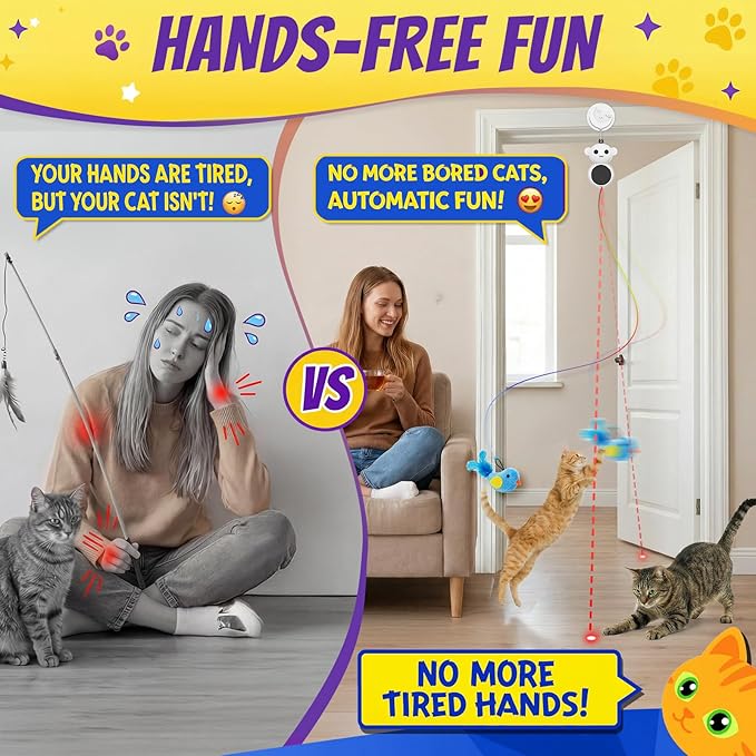 Interactive Cat Toys for Indoor Cats - 2 in 1 Automatic Laser Pointer Cat Toy with Feather Flying Bird，Smart Moving Mouse Wand Toy with 2 Modes, Auto On/Off Hanging Toys for Bored Kitten & Adult Cats