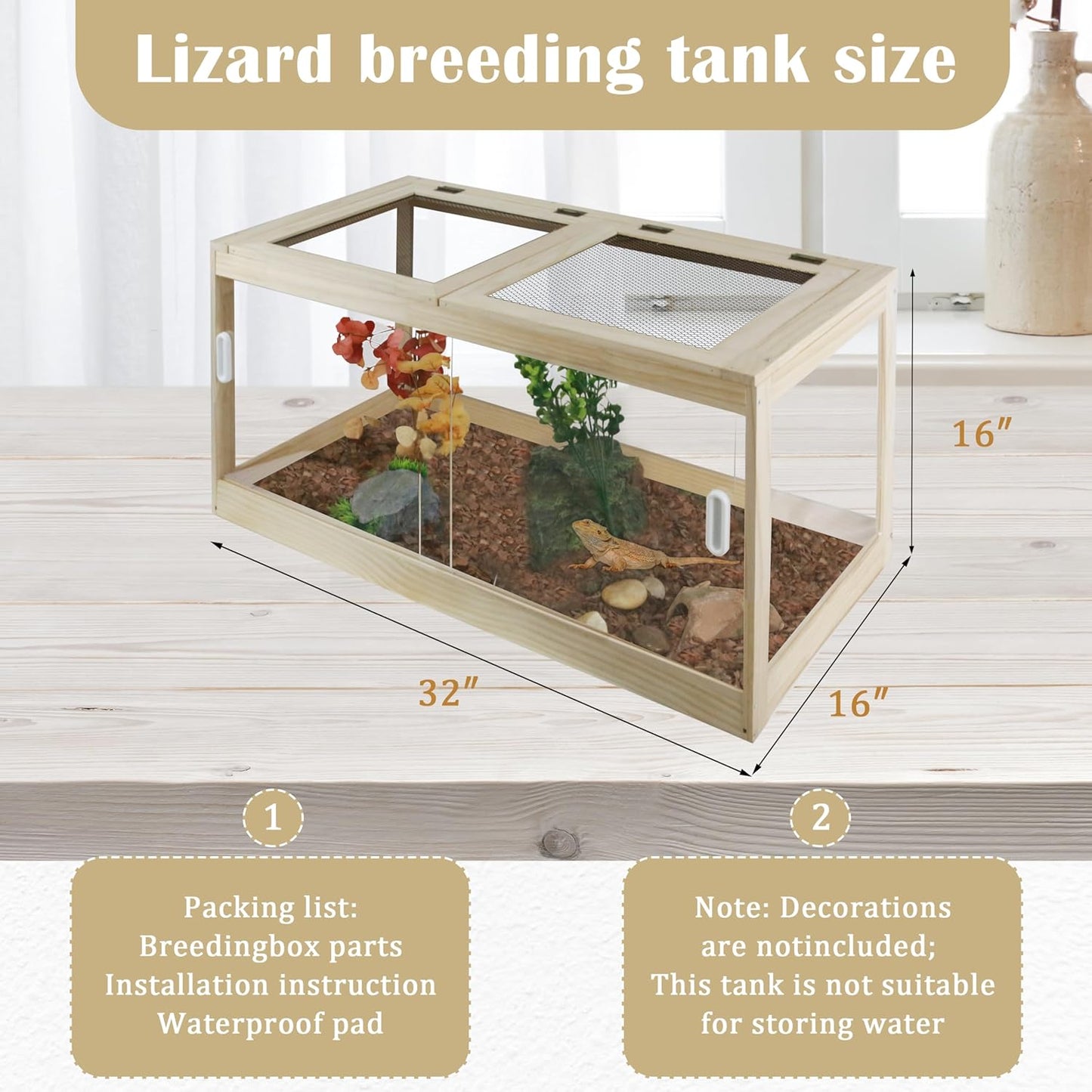 30 Gallon Bearded Dragon Tank, 32 * 16 * 16 Inch Reptile Tank, Lizard Terrarium with Sliding Door & Top Screen Ventilation, Suitable for All Types of Reptile, Snakes, Hamsters, - FurryFun