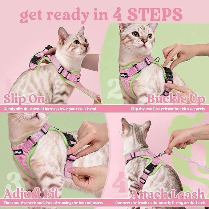 rabbitgoo Cat Harness and Leash for Walking, Escape Proof Soft Adjustable Vest Harnesses for Cats, Easy Control Breathable Reflective Strips Jacket, Pink&Light Green, XXS